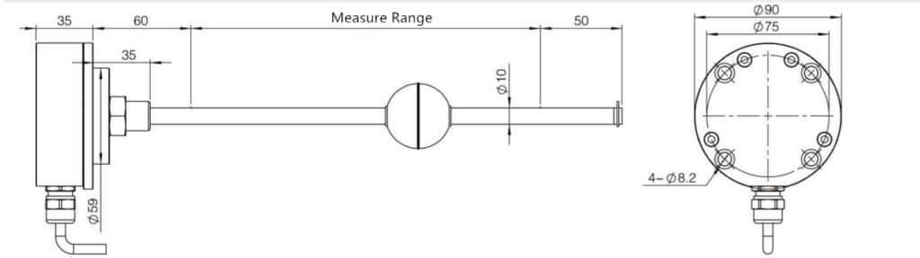 LR系列一体式法兰磁致伸缩液位传感器 3 整体式法兰磁致伸缩液位传感器的尺寸