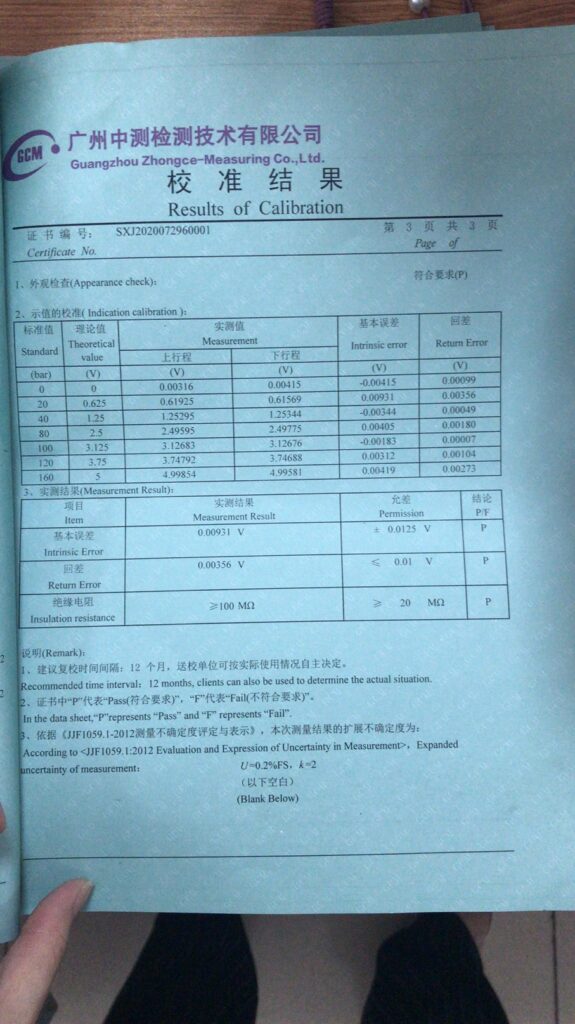 Pressure Sensor Calibration Certificate