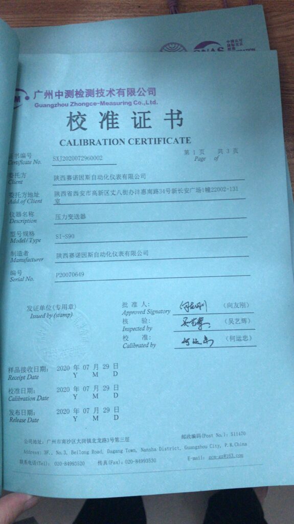 Pressure Sensor Calibration Certificate