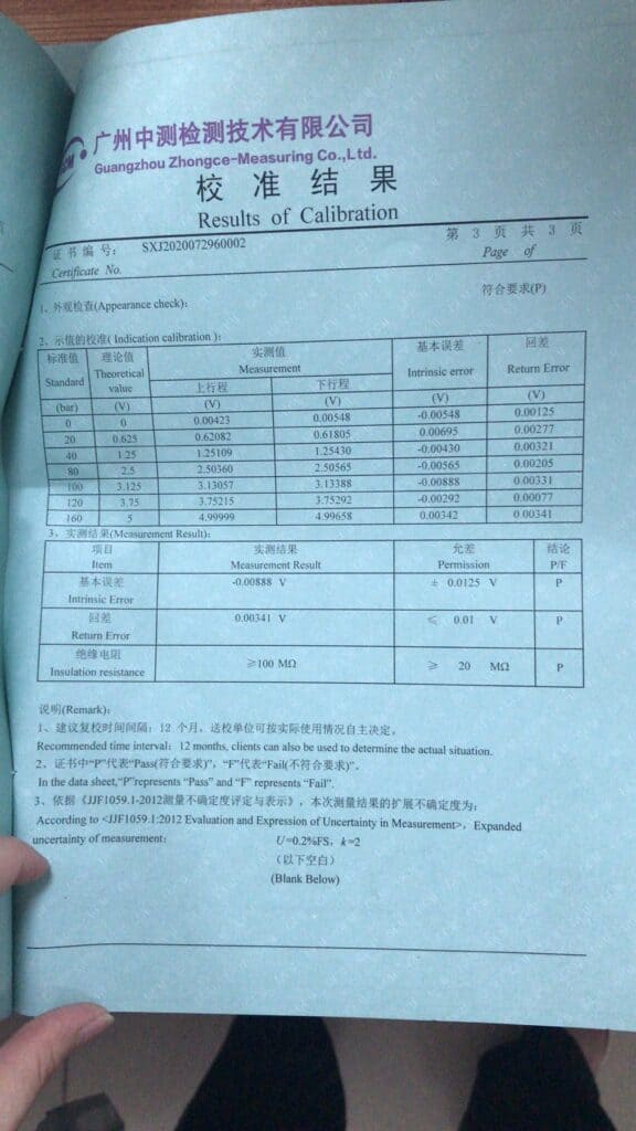 Pressure Sensor Calibration Certificate