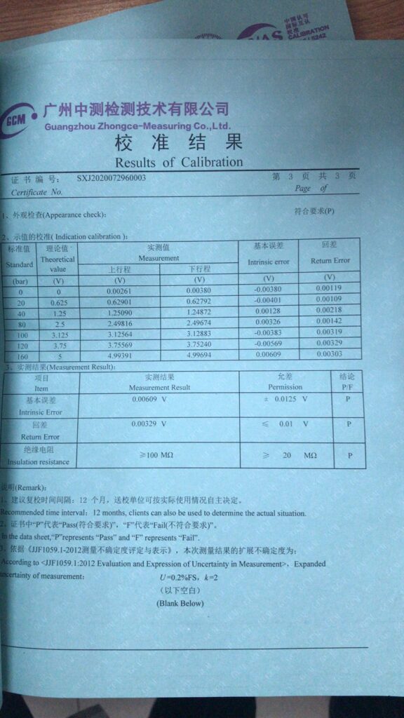 Pressure Sensor Calibration Certificate