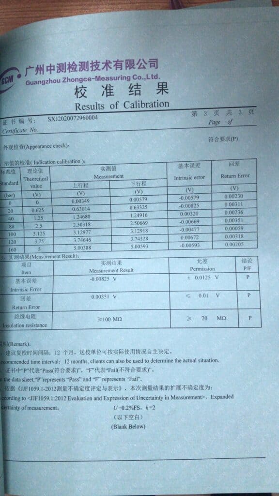 Pressure Sensor Calibration Certificate