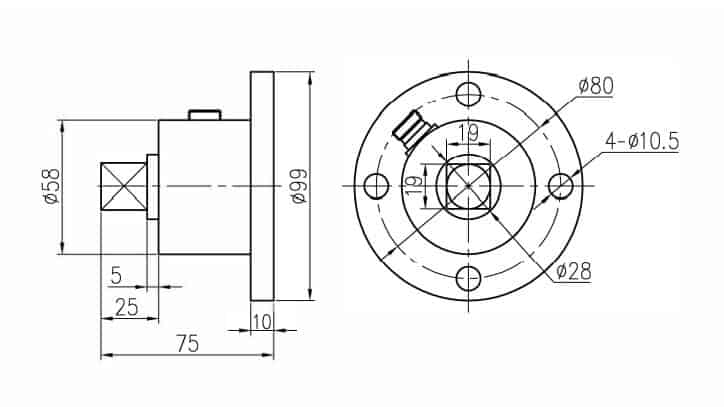 32型静态扭矩传感器,带外置方形键-法兰连接 2 32 Static Torque Sensor with External Square Key-Flange Connection Dimensions